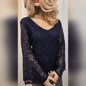 Brand New Elegant Navy Lace And Sequin See Through Bell Sleeve Cocktail Blouse.